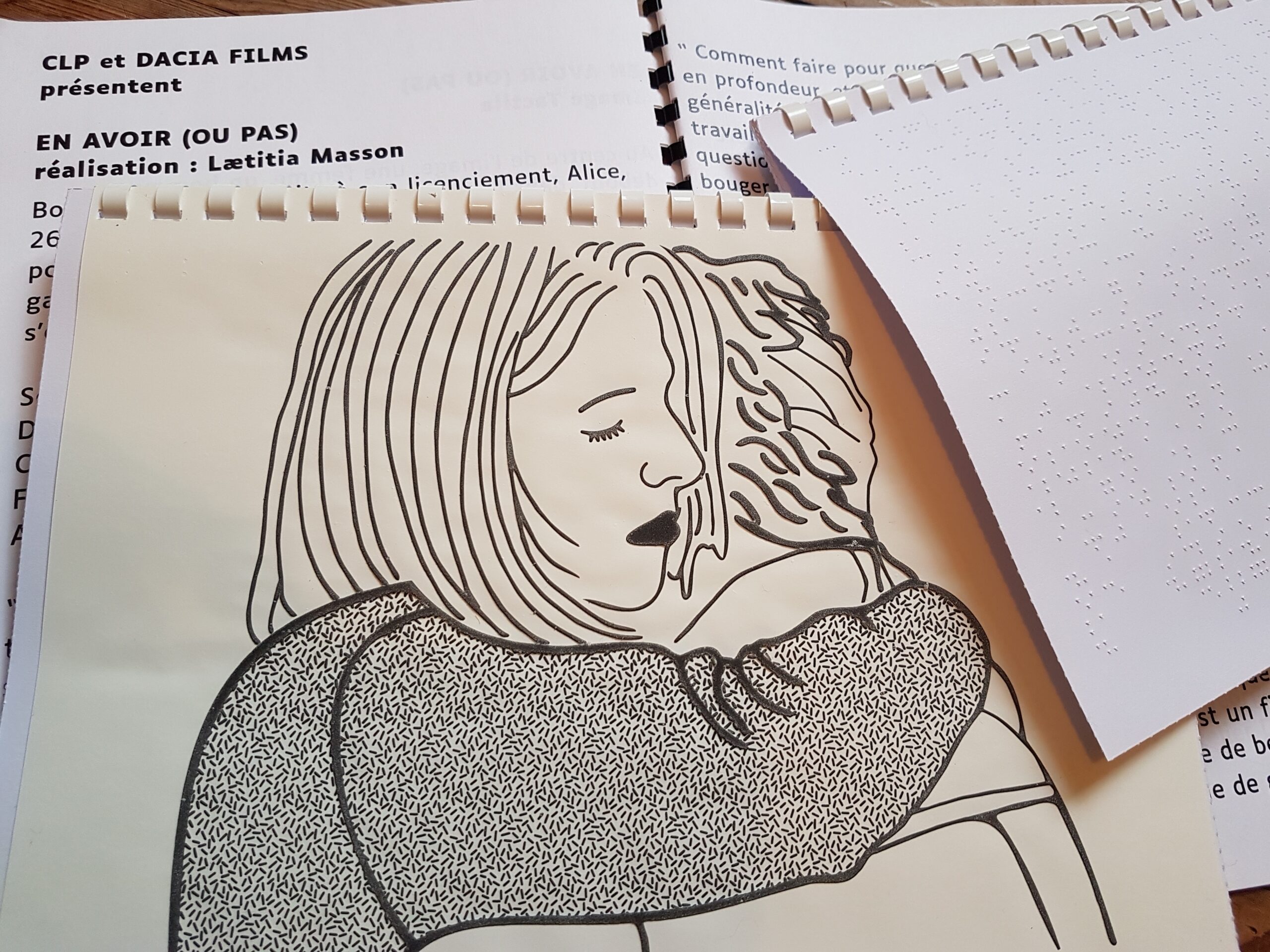 En avoir ou pas, un film de laetitia Masson. Livret de présentation du film en noir et braille, et image tactile.